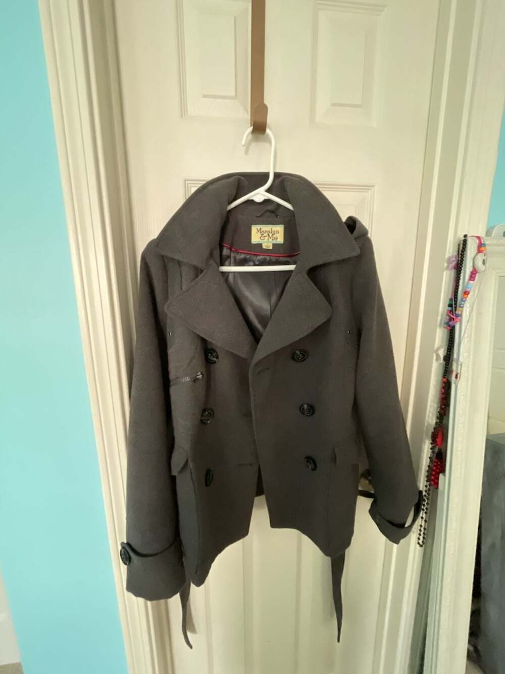 Maralyn & Me Women's Gray Double Breasted Hooded Peacoat with Belt - Picture 1 of 3